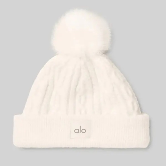 ALO Yoga Accessories - Alo Yoga Cable Knit Beanie with Pom Ivory One Size